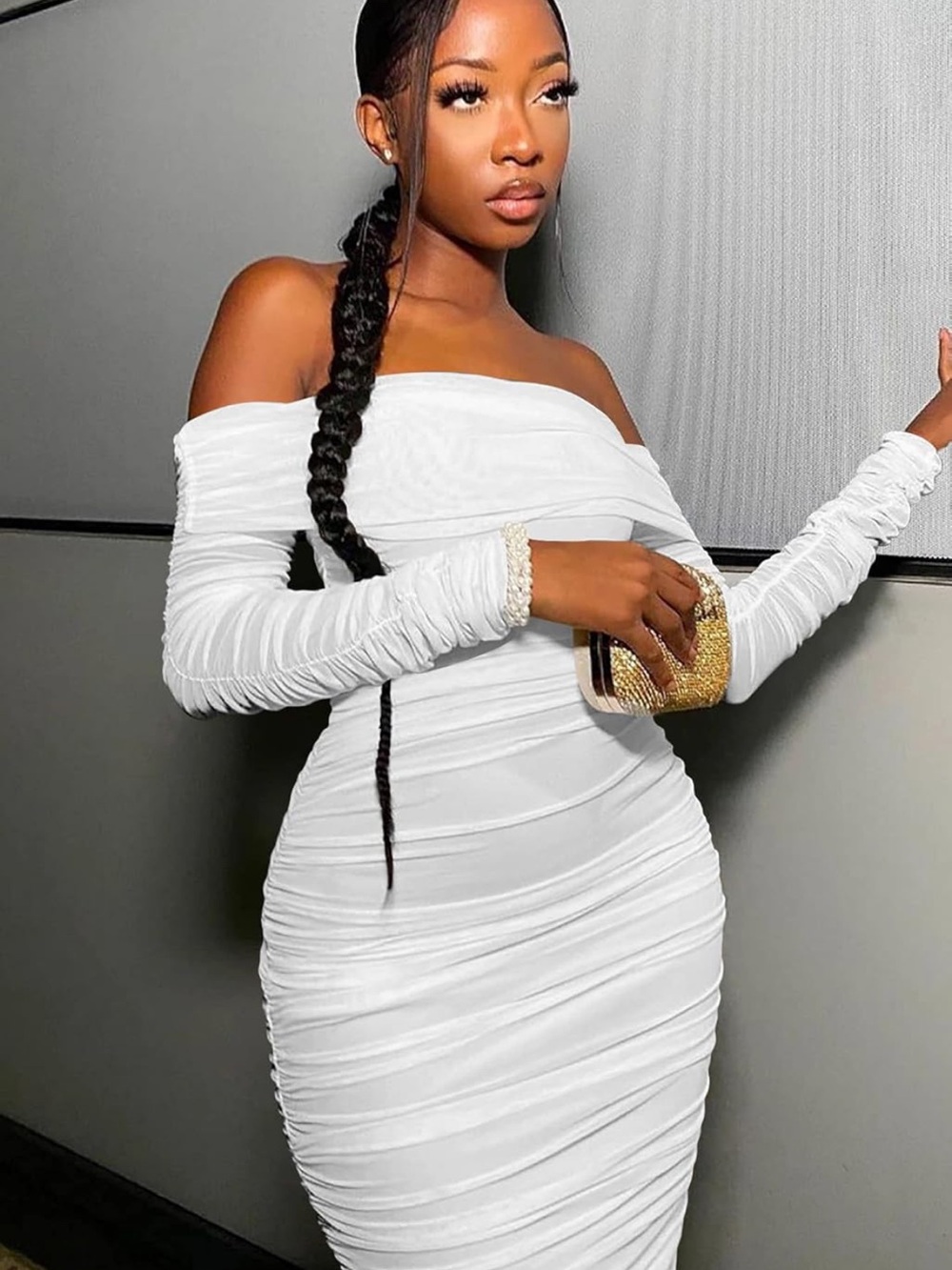 NWOT Off-Shoulder Ruched Bodycon Dress in White Bride/Bachelorette - Picture 2 of 5